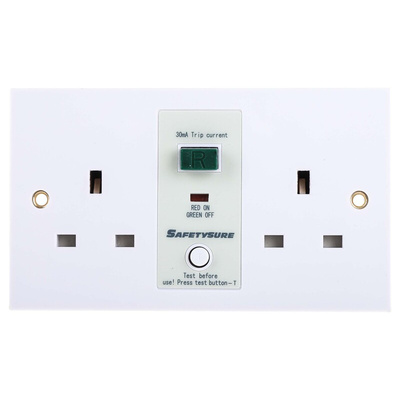 RS PRO 13A, BS Fixing, Passive, 2 Gang RCD Socket, Flush Mount , Switched, 230 V ac, White