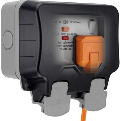 BG Electrical 13A, BS Fixing, Active, 2 Gang RCD Socket, Polycarbonate, Surface Mount , Switched, IP66, 230 V ac, Grey,