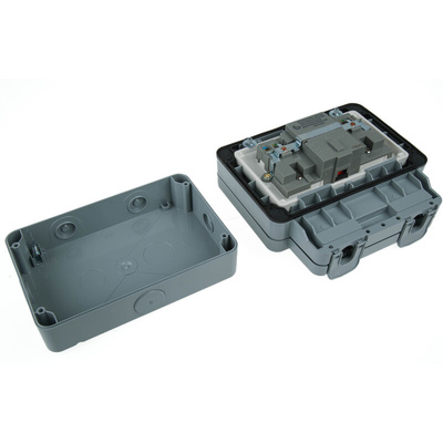 MK Electric Masterseal plus 13A, BS Fixing, Active, 2 Gang RCD Socket, Polycarbonate, IP66, Grey