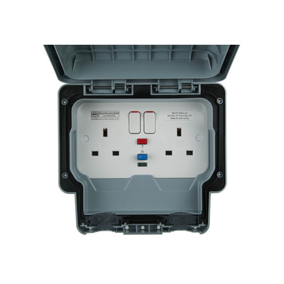 MK Electric Masterseal plus 13A, BS Fixing, Active, 2 Gang RCD Socket, Polycarbonate, IP66, Grey