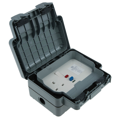 MK Electric Masterseal plus 13A, BS Fixing, Active, Single Gang RCD Socket, Polycarbonate, Surface Mount, IP66, Grey