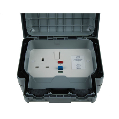 MK Electric Masterseal plus 13A, BS Fixing, Active, Single Gang RCD Socket, Polycarbonate, Surface Mount, IP66, Grey