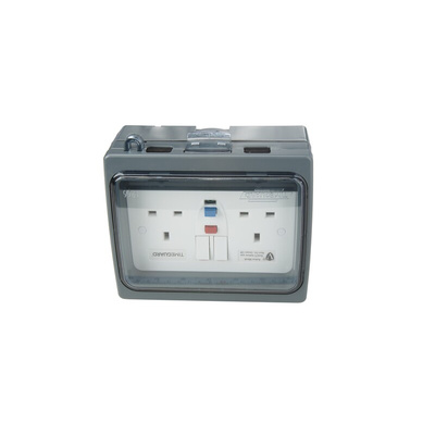 Timeguard 13A, BS Fixing, Active, 2 Gang RCD Socket, Thermoplastic, Surface Mount, Switched, IP66, Outdoor, 230 V ac,