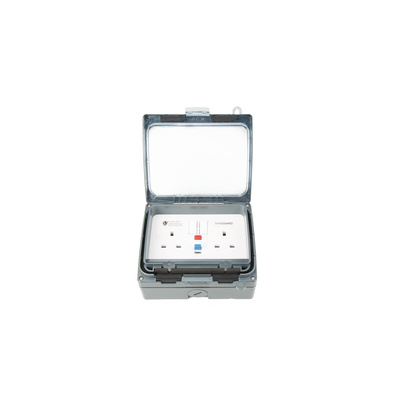 Timeguard 13A, BS Fixing, Active, 2 Gang RCD Socket, Thermoplastic, Surface Mount, Switched, IP66, Outdoor, 230 V ac,