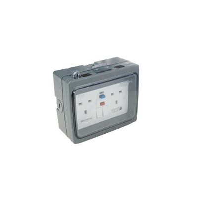 Timeguard 13A, BS Fixing, Active, 2 Gang RCD Socket, Thermoplastic, Surface Mount, Switched, IP66, Outdoor, 230 V ac,