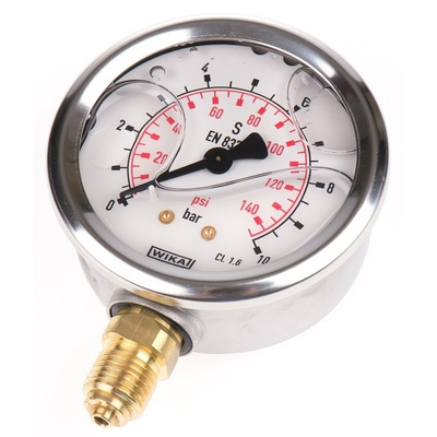 WIKA 9626829 Analogue Positive Pressure Gauge Bottom Entry 10bar, Connection Size G 1/4