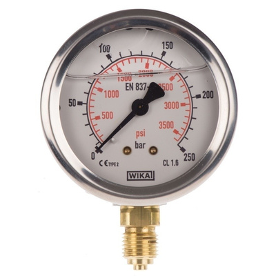 WIKA 9626951 Analogue Positive Pressure Gauge Bottom Entry 250bar, Connection Size G 1/4