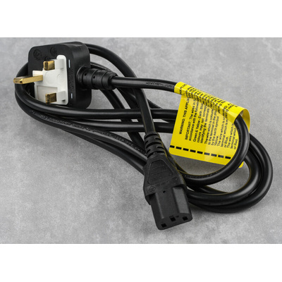 RS PRO Straight IEC C13 Socket to Right Angle Type G UK Plug Power Cord, 2m