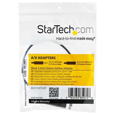 StarTech.com Male 3.5mm Stereo Jack to Female 3.5mm Stereo Jack x 2 Aux Cable, Black, 152.4mm