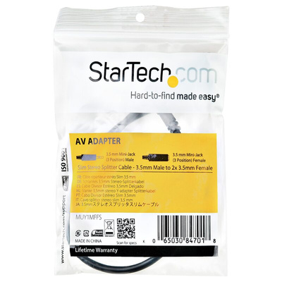 StarTech.com Male 3.5mm Stereo Jack to Female 3.5mm Stereo Jack x 2 Aux Cable, Black, 200mm