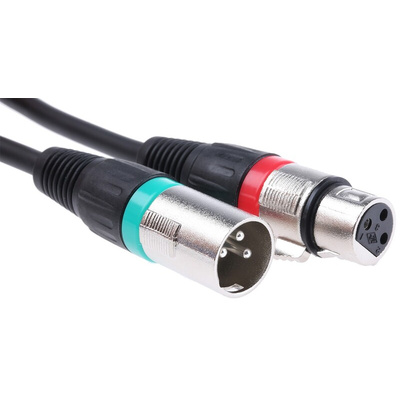 RS PRO Male 3 Pin XLR to Female 3 Pin XLR  Cable, Black, 3m