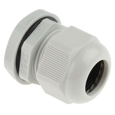 RS PRO Grey Nylon Cable Gland, PG21 Thread, 13mm Min, 18mm Max, IP68
