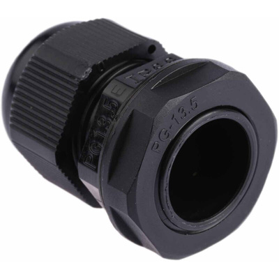 RS PRO Black Nylon Cable Gland, PG13.5 Thread, 6mm Min, 12mm Max, IP68