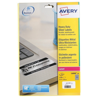 Avery Silver Address Label, 25.4 x 10mm, Pack of 20