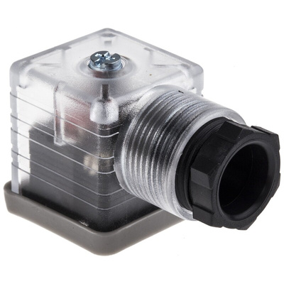 RS PRO 3P+E DIN 43650 A, Female Solenoid Valve Connector with Indicator Light, 12 V dc Voltage