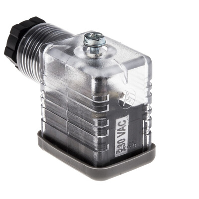 RS PRO 2P+E DIN 43650 B, Female Solenoid Valve Connector with Indicator Light, 250 V ac Voltage
