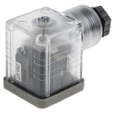 RS PRO 2P+E DIN 43650 A, Female Solenoid Connector with Indicator Light, 230 V ac Voltage
