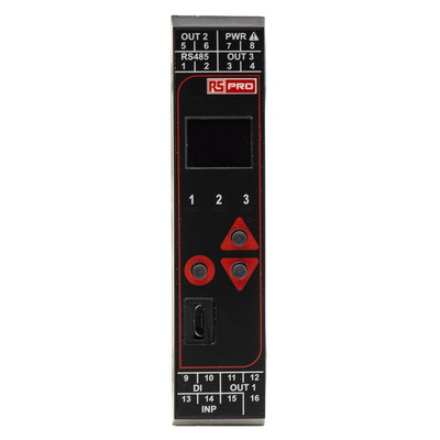 RS PRO DIN Rail PID Temperature Controller, 22.5 x 110mm 1 Input, 3 Output Changeover Relay, Relay, SSR, 100 →