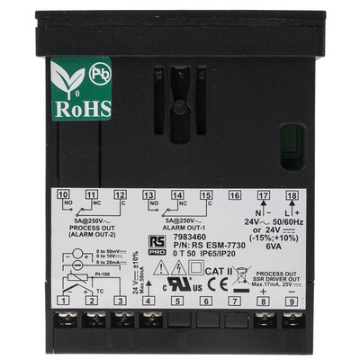 RS PRO Panel Mount PID Temperature Controller, 72 x 72mm, 3 Output Relay, SSR, 24 V ac, 24 V dc Supply Voltage ON/OFF,