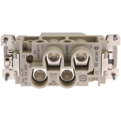 HARTING Heavy Duty Power Connector Insert, 16 A, 80 A, Male, Han K Series, 6 Contacts