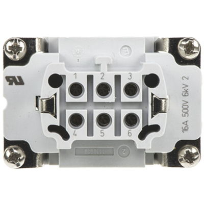 TE Connectivity Heavy Duty Power Connector Insert, 16A, Female, HE Series, 6 Contacts