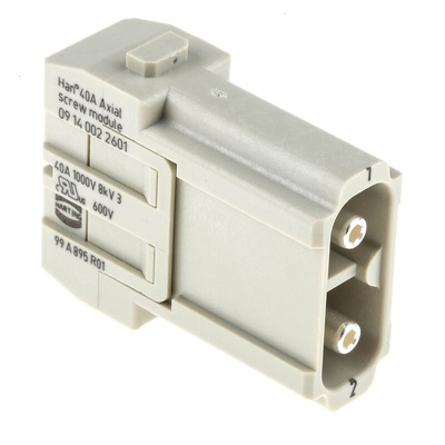 Han-Modular Series Male Module, 2 Way, 1 Row, Rated At 40A, 1 kV, Han 40A Axial