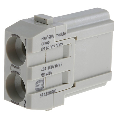 HARTING Heavy Duty Power Connector Module, 40A, Male, Han-Modular Series, 2 Contacts