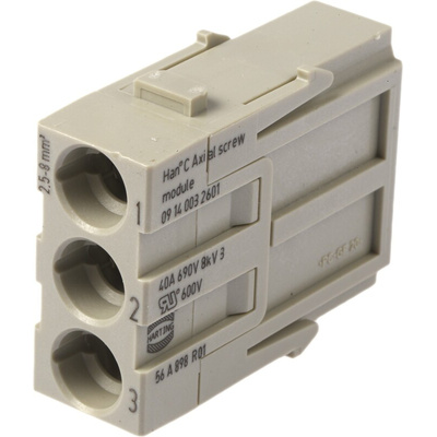 HARTING Heavy Duty Power Connector Module, 40A, Male, Han-Modular Series, 3 Contacts