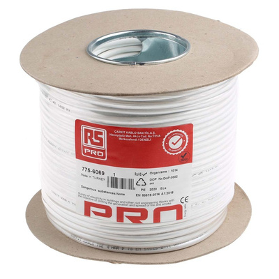 RS PRO 2 Core Power Cable, 0.5 mm², 100m, White PVC Sheath, 2182Y, 3 A, 300 V, 500 V