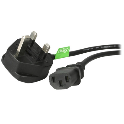 StarTech.com 3 Core Power Cable, 0.75 mm², 3m, Black Polyvinyl Chloride PVC Sheath, Power, 10 A (Amperes), 250 V