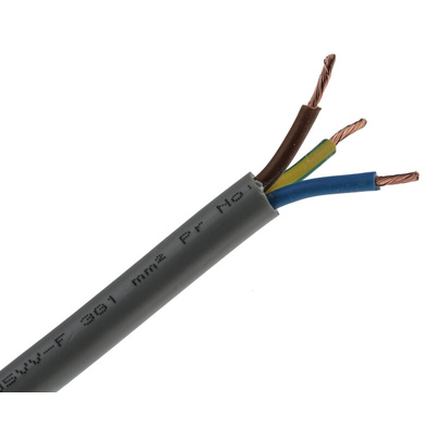 RS PRO 3 Core Power Cable, 1 mm², 100m, Grey PVC Sheath, 3183Y, 10 A, 300 V, 500 V