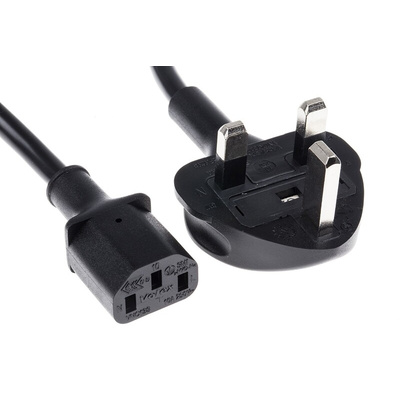 RS PRO IEC C13 Socket to Type G UK Plug Power Cord, 1.8m