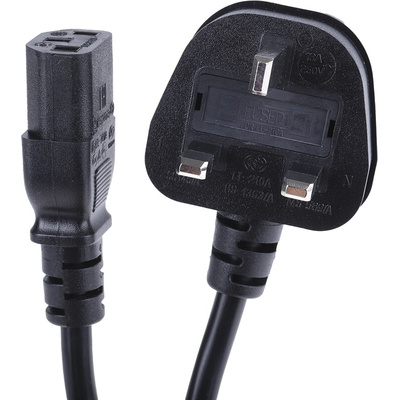 RS PRO IEC C13 Socket to Type G UK Plug Power Cord, 2.5m