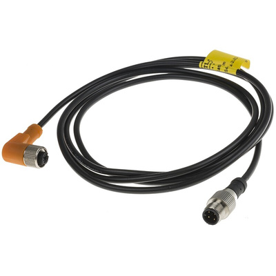 RS PRO Right Angle Female 4 way M12 to Straight Male 4 way M12 Sensor Actuator Cable, 2m