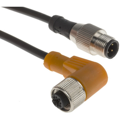 RS PRO Right Angle Female 4 way M12 to Straight Male 4 way M12 Sensor Actuator Cable, 2m