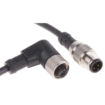 RS PRO Right Angle Female 4 way M12 to Straight Male 4 way M12 Sensor Actuator Cable, 2m