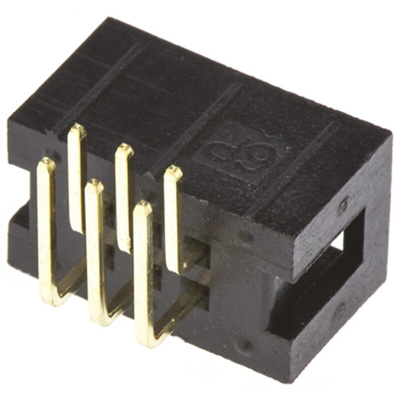 Amphenol T821 Series Right Angle Through Hole PCB Header, 6 Contact(s), 2.54mm Pitch, 2 Row(s), Shrouded