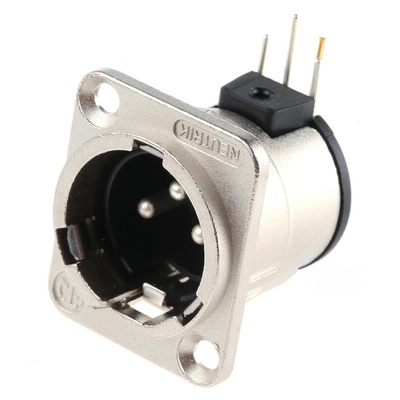 Neutrik Panel Mount XLR Connector, Right Angle, Male, 50 V, 3 Way, Silver over Nickel Plating