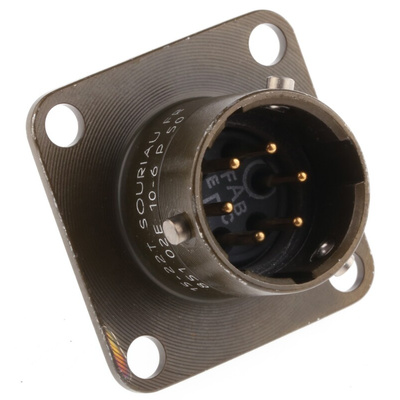 Souriau, 851 6 Way Panel Mount MIL Spec Circular Connector Receptacle, Pin Contacts,Shell Size 10, Bayonet Coupling,