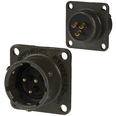 Amphenol Industrial, PT 3 Way Panel Mount MIL Spec Circular Connector Receptacle, Pin Contacts,Shell Size 12, Bayonet,
