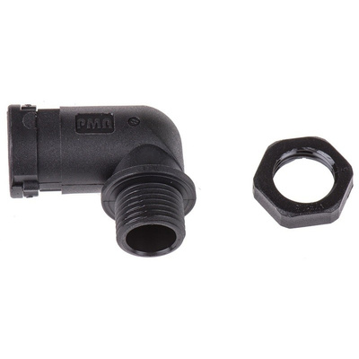 PMA M16 90° Elbow Cable Conduit Fitting, Black 16mm nominal size