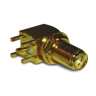 Amphenol RF, jack PCB Mount SMA Connector, 50Ω, Solder Termination, Right Angle Body