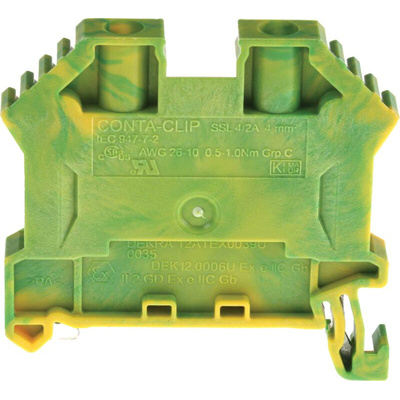 RS PRO Green/Yellow Earth Terminal Block, 4mm², Single-Level, Screw Termination