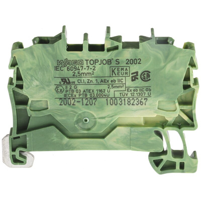Wago TOPJOB S, 2002 Series Green/Yellow Earth Terminal Block, 2.5mm², Single-Level, Push-In Cage Clamp Termination,
