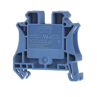 Phoenix Contact UT 10 BU Series Blue Feed Through Terminal Block, 0.5 → 16mm², Single-Level, Screw Termination,