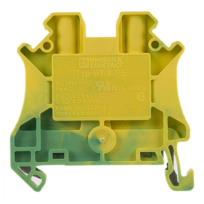 Phoenix Contact UT 4-PE Series Green/Yellow Earth Terminal Block, 0.14 → 6mm², Single-Level, Screw Termination,