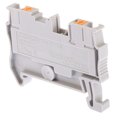 Phoenix Contact PT 2.5 Series Grey Feed Through Terminal Block, 0.14 → 4mm², Single-Level, Push In Termination,
