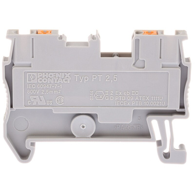 Phoenix Contact PT 2.5 Series Grey Feed Through Terminal Block, 0.14 → 4mm², Single-Level, Push In Termination,