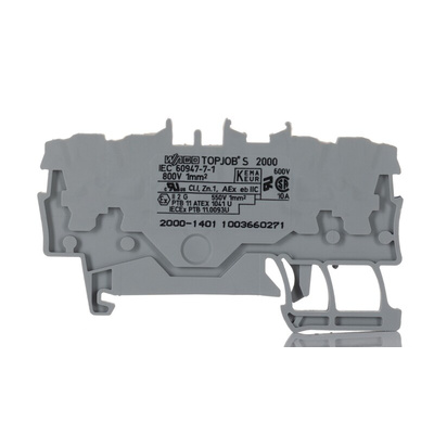 Wago TOPJOB S, 2000 Series Grey Feed Through Terminal Block, 1mm², Single-Level, Push-In Cage Clamp Termination, ATEX,