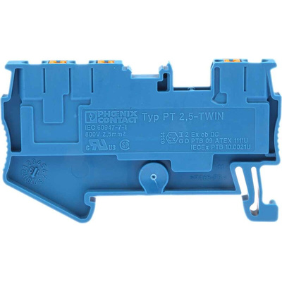 Phoenix Contact PT 2.5-TWIN BU Series Blue Feed Through Terminal Block, 0.14 → 4mm², Single-Level, Push In
